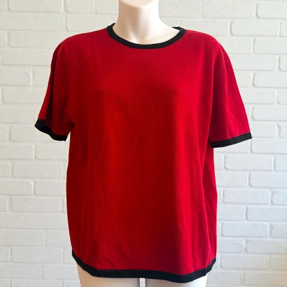Vintage Yarnworks Red Knit Short Sleeve Sweater Top | Contrast Trim | Size M - Picture 2 of 8